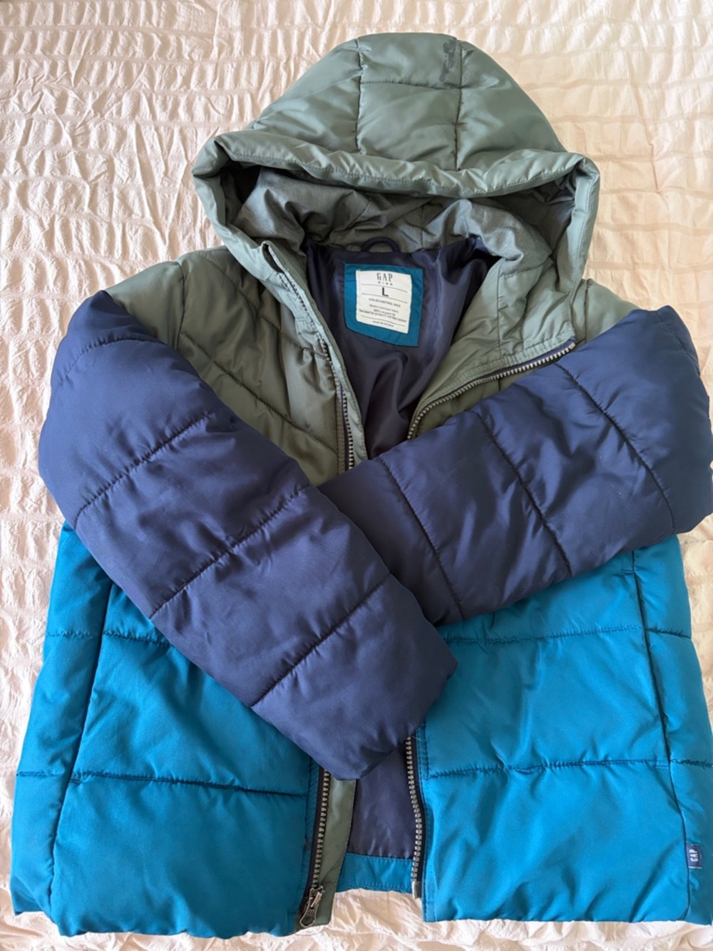 GAP Colorblock Hooded Puffer Jacket in Teal, Navy & Olive